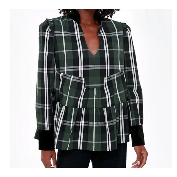 Tuckernuck Blouse Shirt XL Green Tartan Plaid Tiered Ruffle Velvet Extra Large - Picture 1 of 7